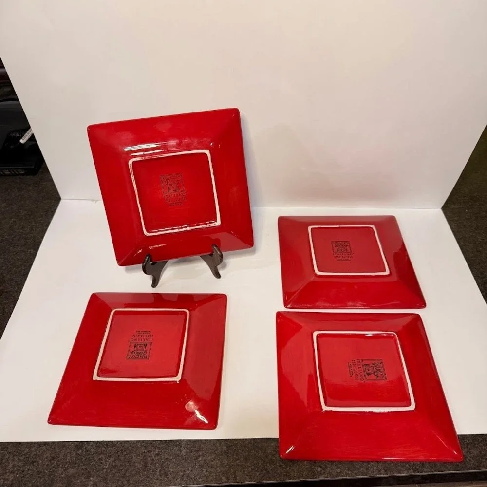 Tabletops Gallery Italiano Square Salad Plates Hand Painted Red Blue Set of 4 8